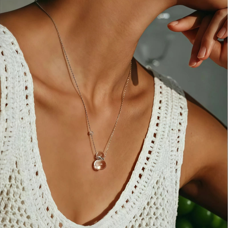 Natural White Crystal Necklace, Fortune Gourd, Pure Silver Pendant