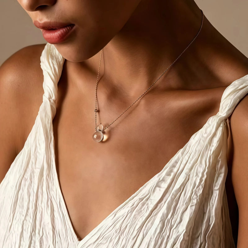 Natural White Crystal Necklace, Fortune Gourd, Pure Silver Pendant