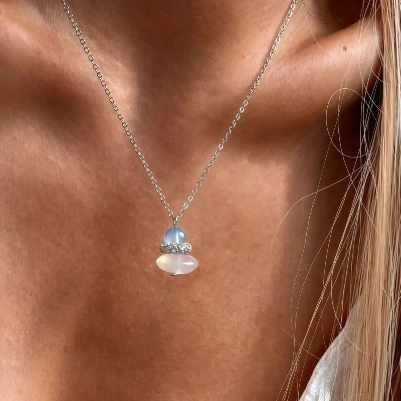 Natural Aquamarine & Agate Necklace - Balances Water Element, Improves Communication, Calms Mood