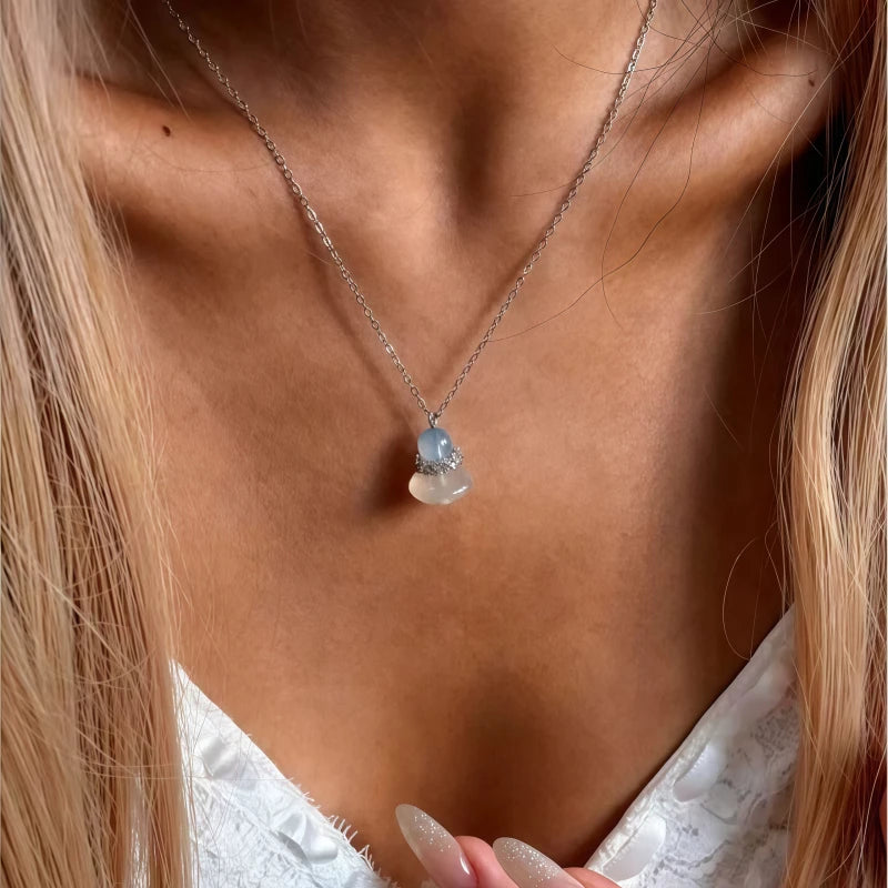 Natural Aquamarine & Agate Necklace - Balances Water Element, Improves Communication, Calms Mood