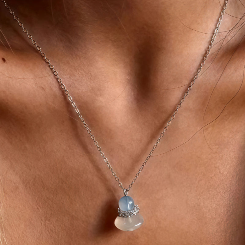 Natural Aquamarine & Agate Necklace - Balances Water Element, Improves Communication, Calms Mood