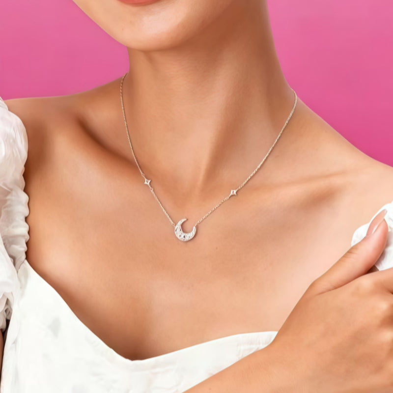 Starry Moon Full Diamond Silver Necklace - Embodying Gentle Celestial Proctection
