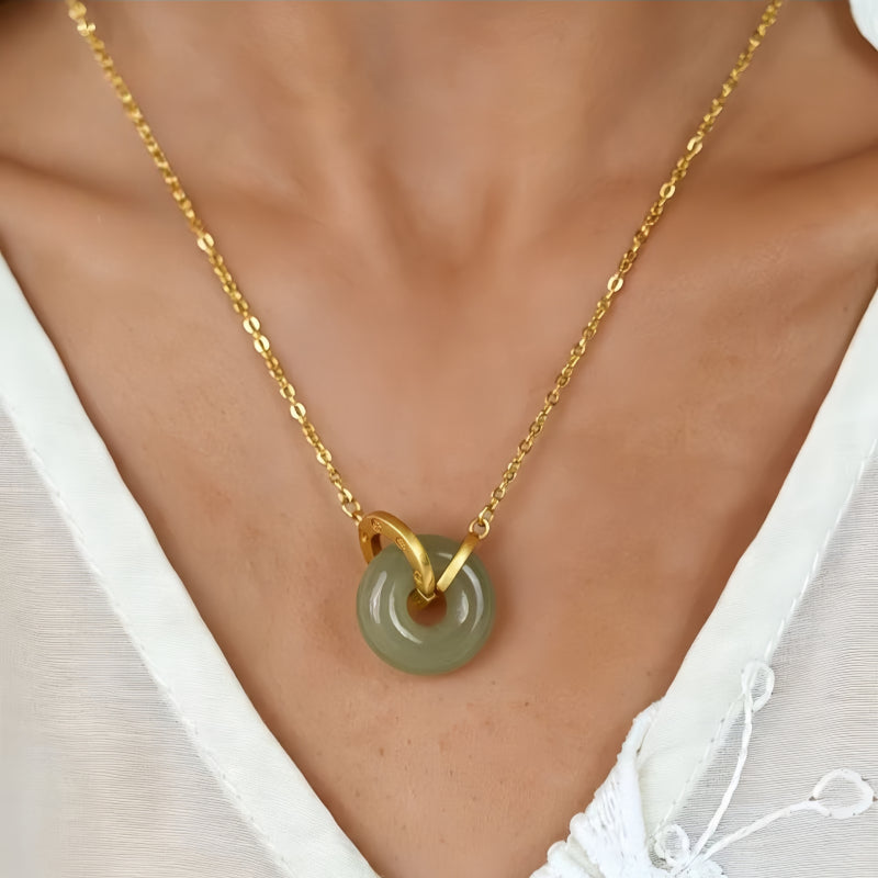Hotan Jade Peace Buckle Necklace, Oriental Peace Symbol Jewelry