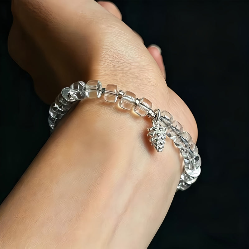 Natural White Crystal Pure Silver Pinecone Bracelet - Clarity, Calm, and Lasting Good Fortune