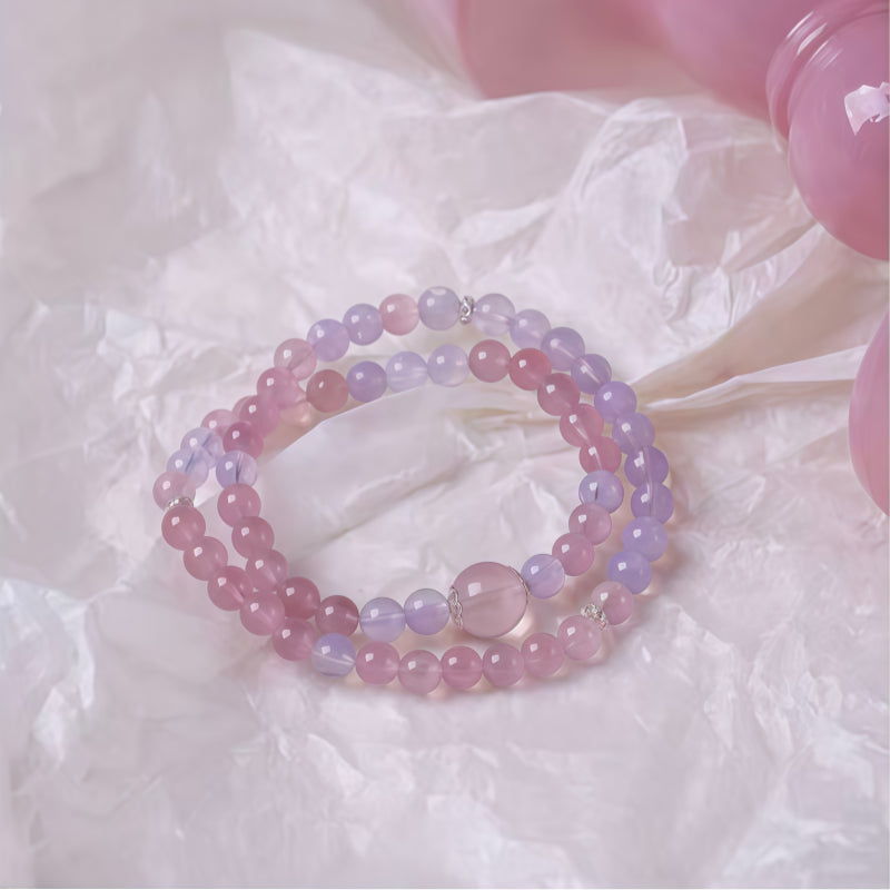 Natural Pink Crystal Purple Jade Multi Circle Bracelet - Romance and Good Fortune