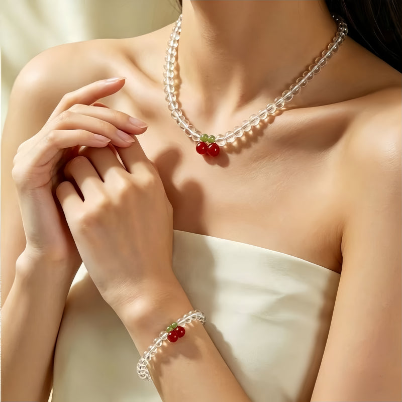 Natural White Crystal Cherry Bracelet Necklace Set – Soothe Emotions, Cleanse Aura