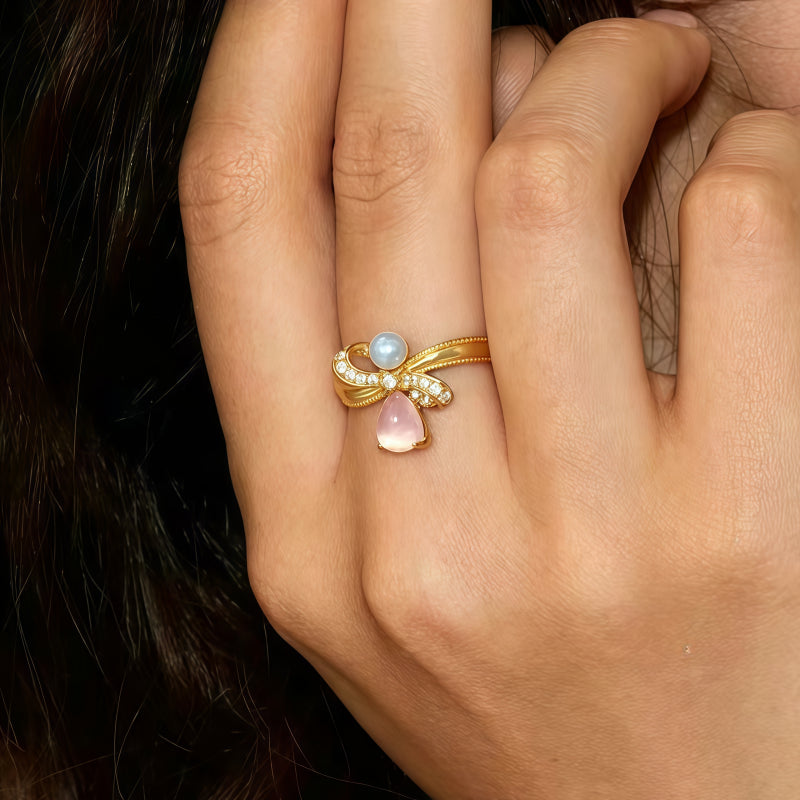 Bow Pearl Natural Rose Quartz Crystal Ring - Self-love First, Fortune Follows