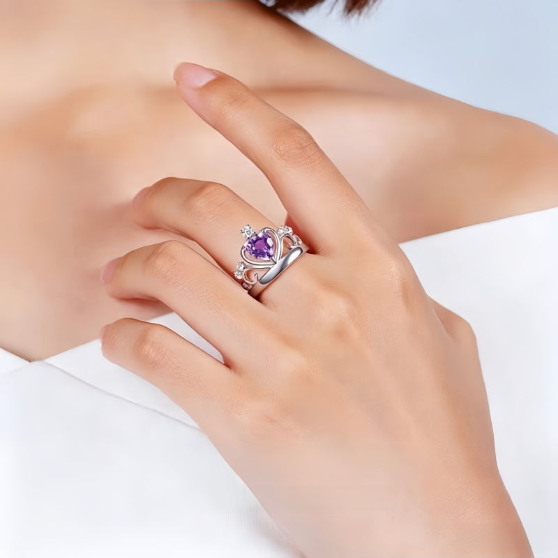 Bague Cœur Couronne Améthyste Naturelle - Laissez le Calme Attirer la Chance