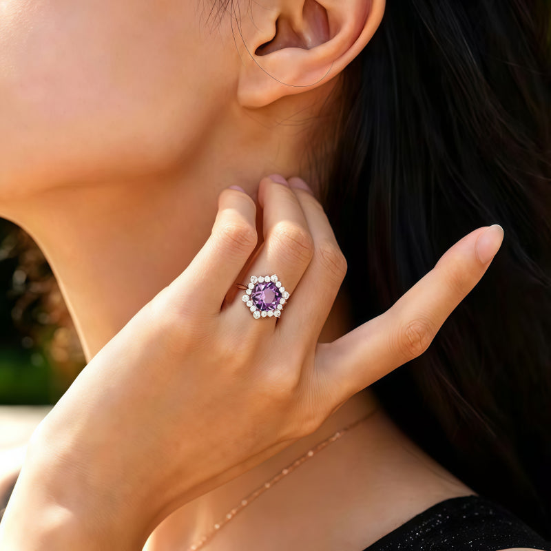 Bague Auréole Solitaire Améthyste – Portez la Paix, Attirez la Chance