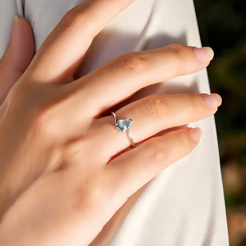 Bague Aigue-Marine Argent S925 Anneau Goutte de Chance