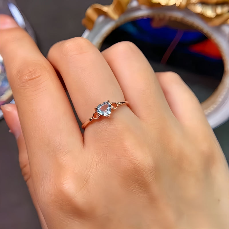 Bague Cœur en Aigue-marine Pierre de Naissance – Courage, Paix et Purificateur d'Énergie Négative