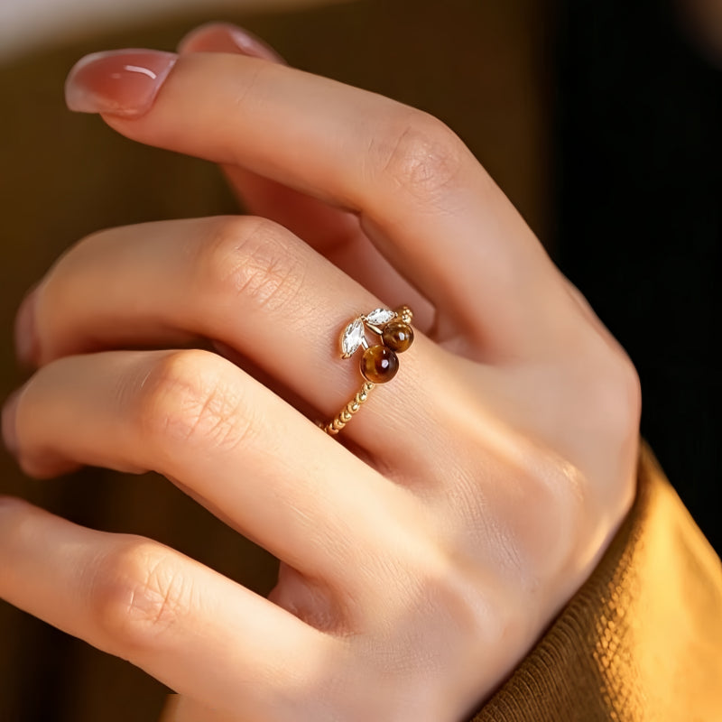 Bague Ouverte Fortune en Œil de Tigre Naturel et Cerise - Cadeau Porte-Bonheur pour Filles