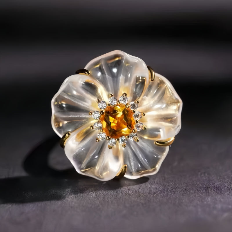 Bague fleur en cristal de citrine naturelle