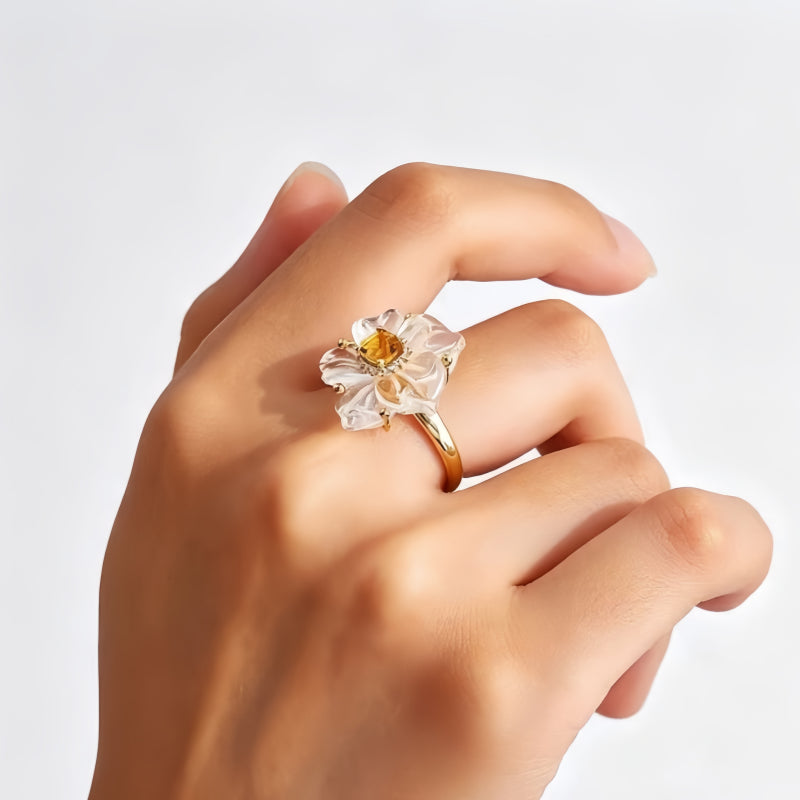 Bague fleur en cristal de citrine naturelle
