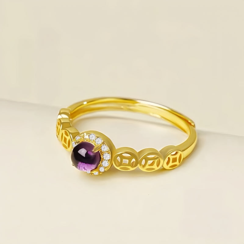Natural Amethyst Coin Fortune Ring