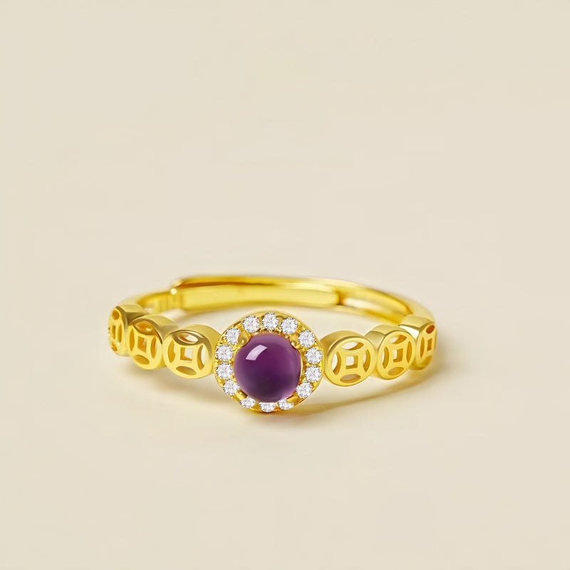 Natural Amethyst Coin Fortune Ring