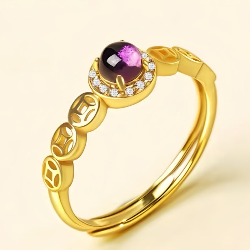 Natural Amethyst Coin Fortune Ring