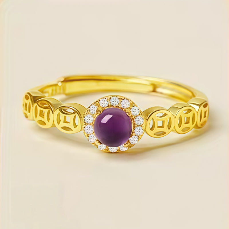 Natural Amethyst Coin Fortune Ring