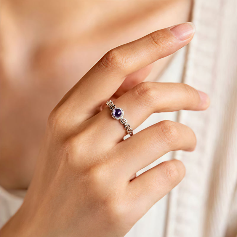 Natural Amethyst Coin Luck Ring - Clam & Protection