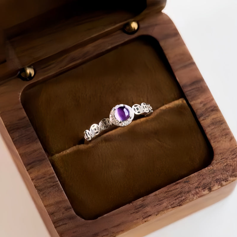 Bague porte-bonheur pièce de monnaie mystère améthyste naturelle