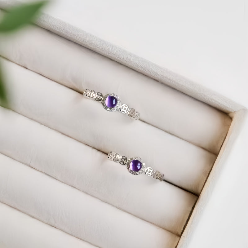 Bague porte-bonheur pièce de monnaie mystère améthyste naturelle