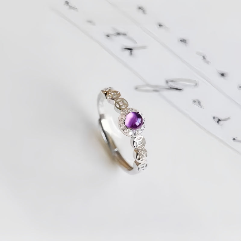 Bague porte-bonheur pièce de monnaie mystère améthyste naturelle