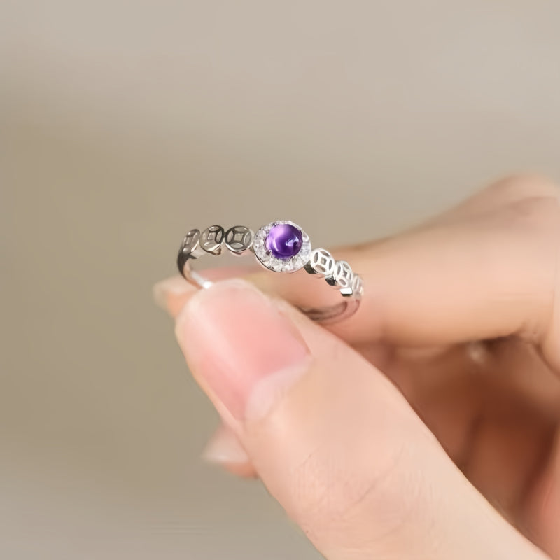 Bague porte-bonheur pièce de monnaie mystère améthyste naturelle
