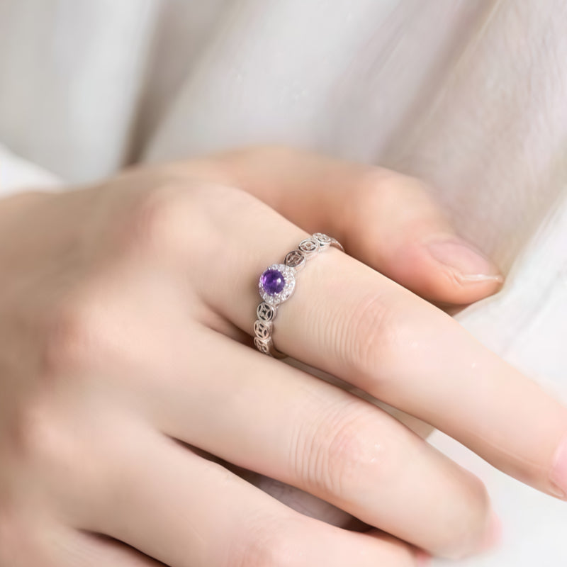 Natural Amethyst Coin Luck Ring - Clam & Protection