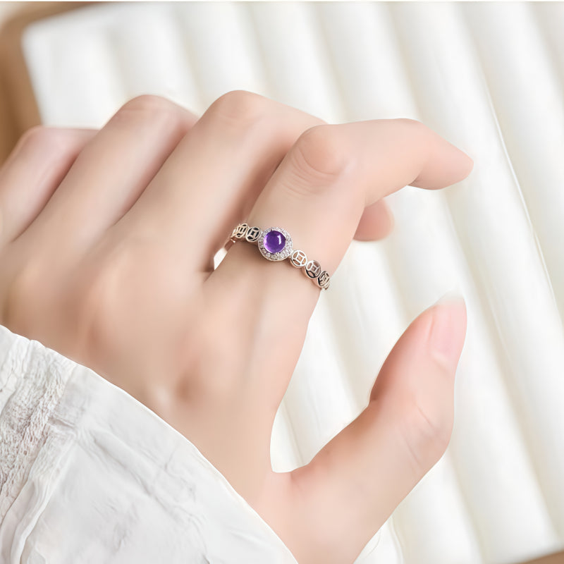 Natural Amethyst Coin Luck Ring - Clam & Protection
