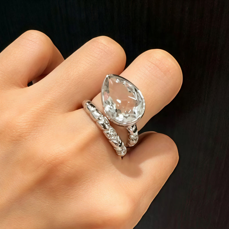 Bague Goutte d'Eau en Cristal Naturel Transparent