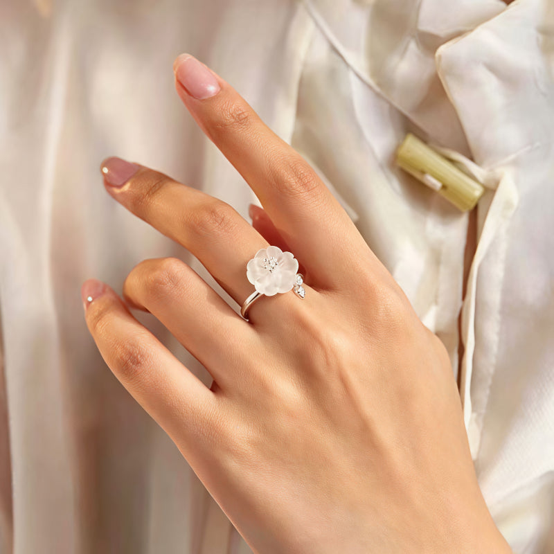 Plum Blossom Clear Quartz Open Ring - Harmonious Connections, Heart Pure and Peaceful