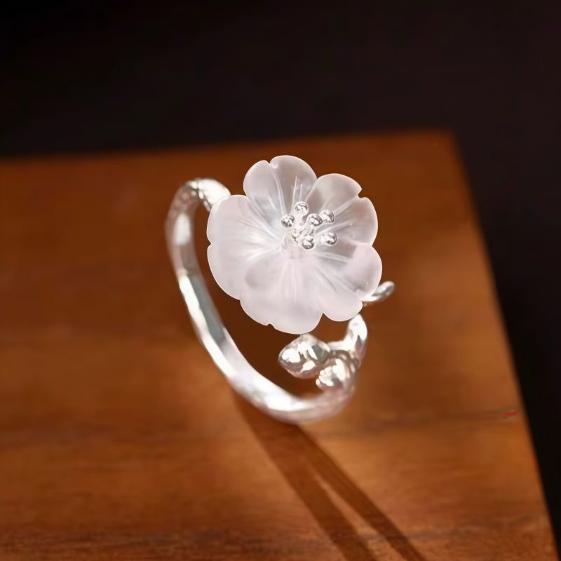 Plum Blossom Clear Quartz Open Ring - Harmonious Connections, Heart Pure and Peaceful