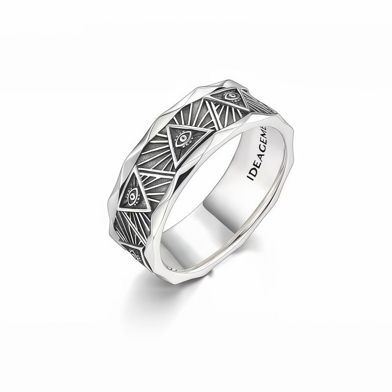 Bague large Œil porte-bonheur – Pierre obsidienne miroir argentée pour la protection spirituelle