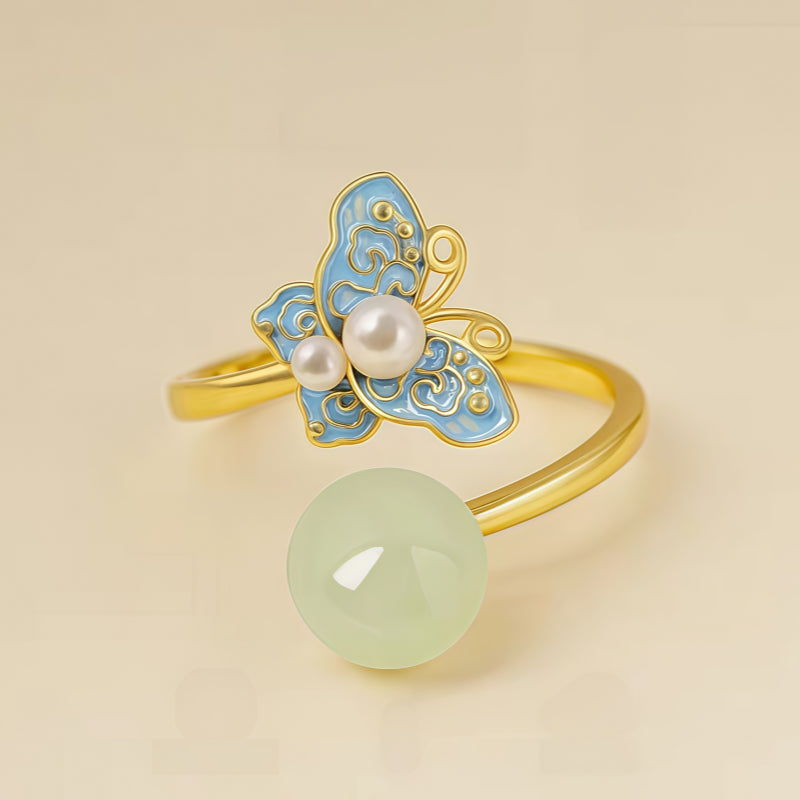 Bague en émail perlé papillon de jade Hetian – Portez la paix, attirez la fortune