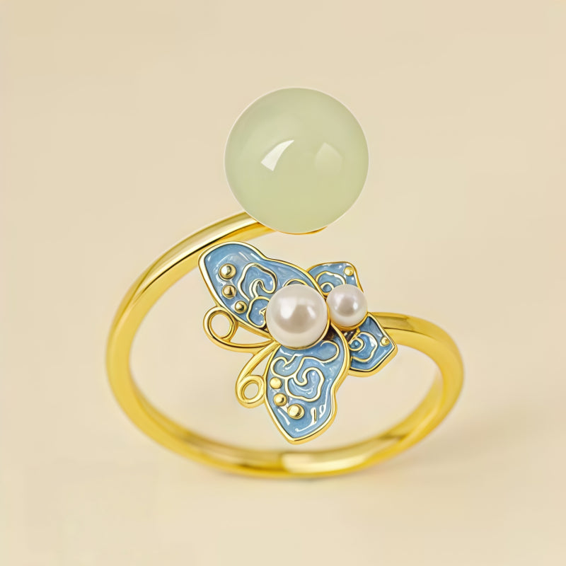 Bague en émail perlé papillon de jade Hetian – Portez la paix, attirez la fortune