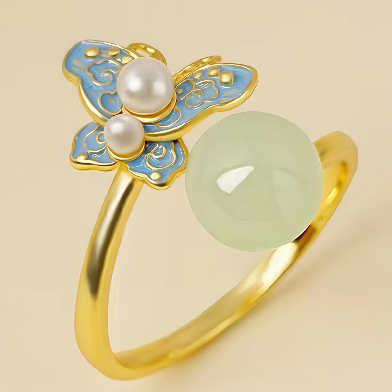 Bague en émail perlé papillon de jade Hetian – Portez la paix, attirez la fortune