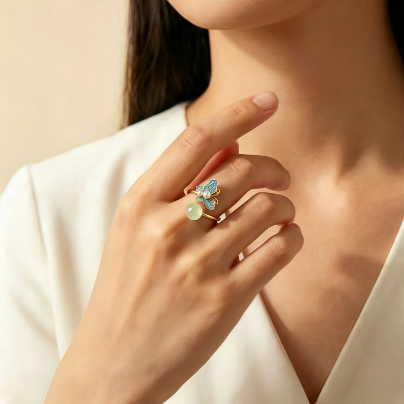 Bague en émail perlé papillon de jade Hetian – Portez la paix, attirez la fortune