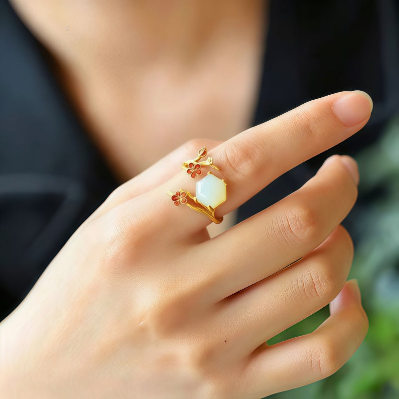 Golden Bough Plum Hetian Jade Ring – Where Luck Meets Inner Peace