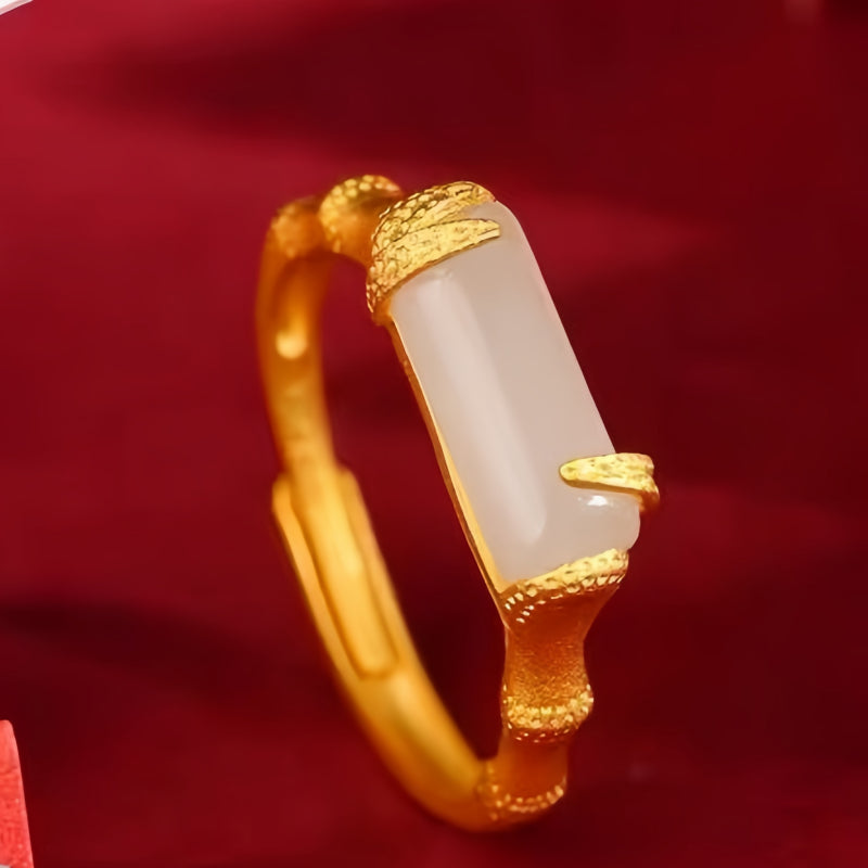 Bague Vintage en Bambou et Jade Hetian « Bénédiction » – Portez la Sérénité, Emportez la Chance