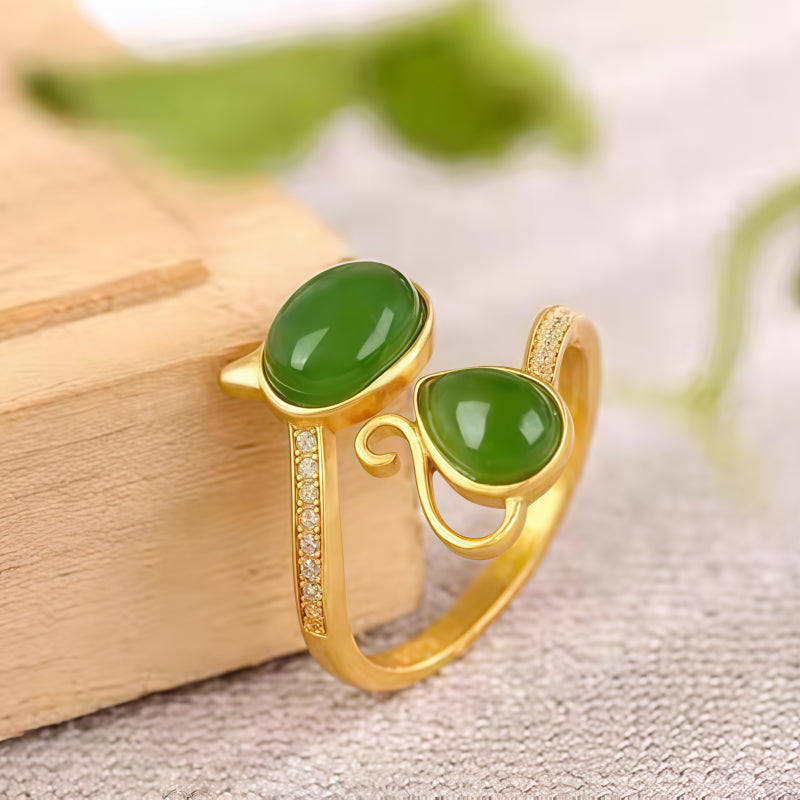 Bague Chat en Jade Hetian Naturel - Pureté & Sagesse & Paix