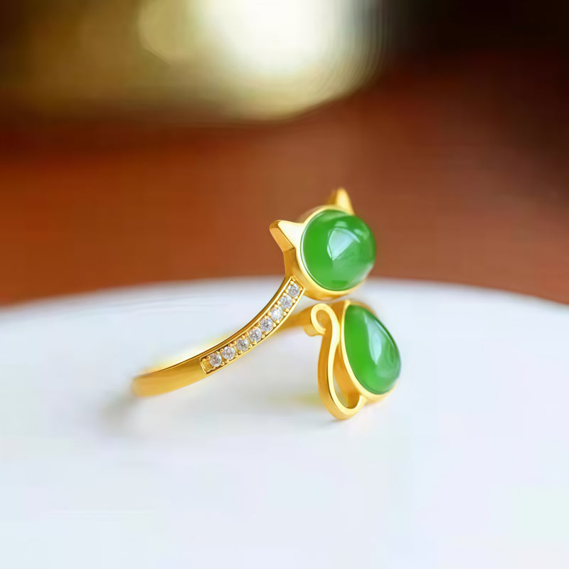 Bague Chat en Jade Hetian Naturel - Pureté & Sagesse & Paix