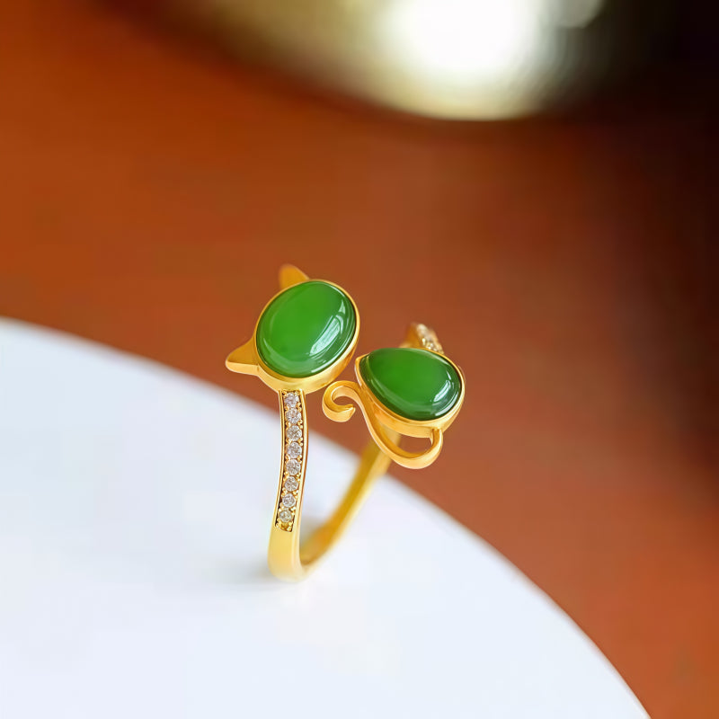 Bague Chat en Jade Hetian Naturel - Pureté & Sagesse & Paix