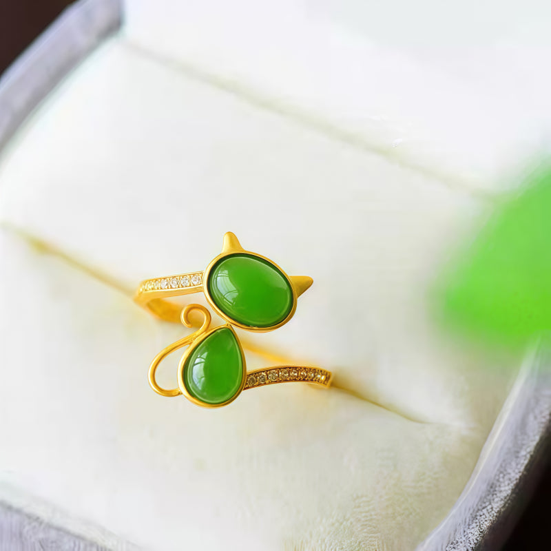 Bague Chat en Jade Hetian Naturel - Pureté & Sagesse & Paix