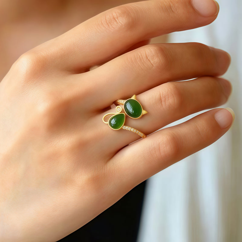 Bague Chat en Jade Hetian Naturel - Pureté & Sagesse & Paix