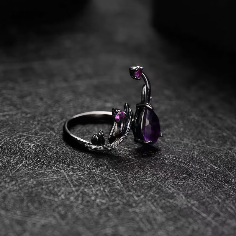 Bague en améthyste Larme d'Ange Déchu - Énergie calme, Chance tranquille