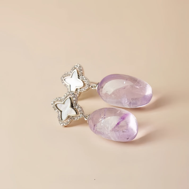 Four Leaf Clover Natural Amethyst Earrings - Steady Abundance and Lasting Fortune