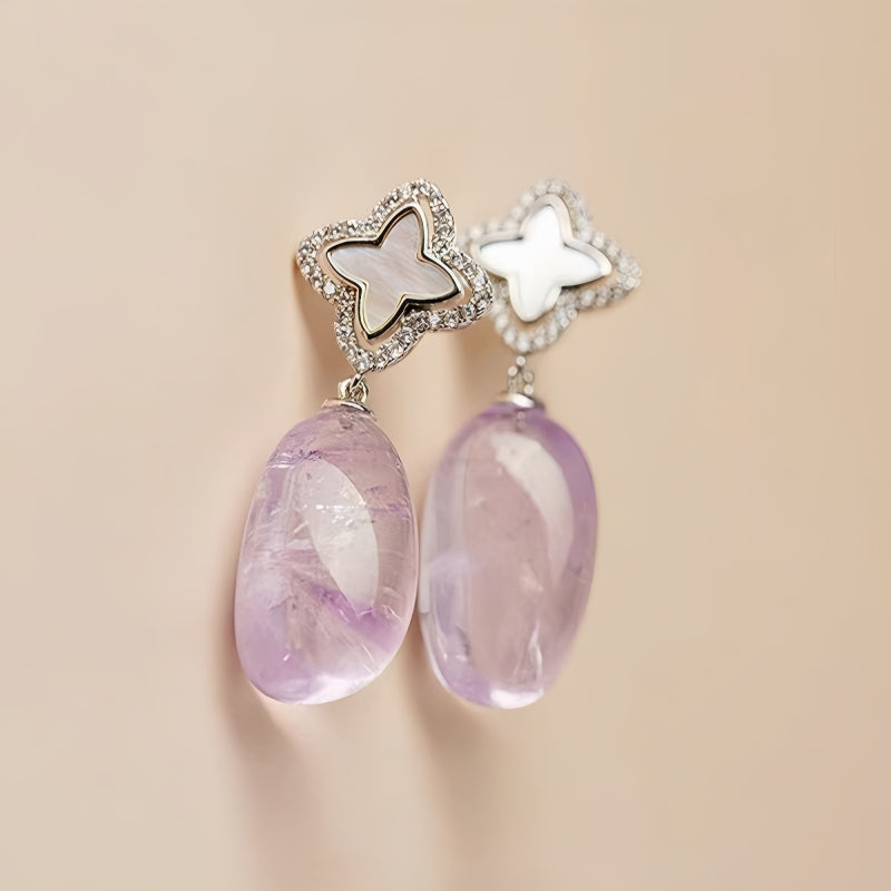 Four Leaf Clover Natural Amethyst Earrings - Steady Abundance and Lasting Fortune