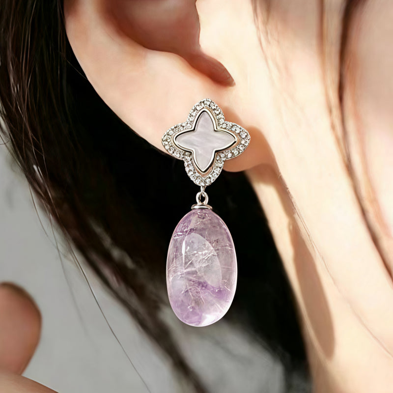 Four Leaf Clover Natural Amethyst Earrings - Steady Abundance and Lasting Fortune