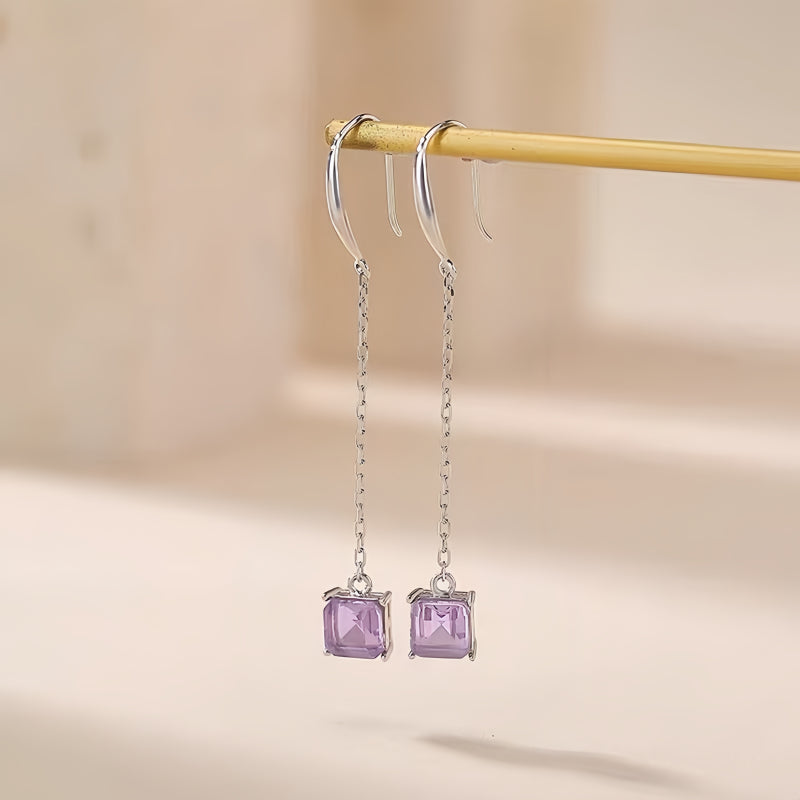 Long Chain Square Amethyst Earrings - Calm Mind, Spiritual Light