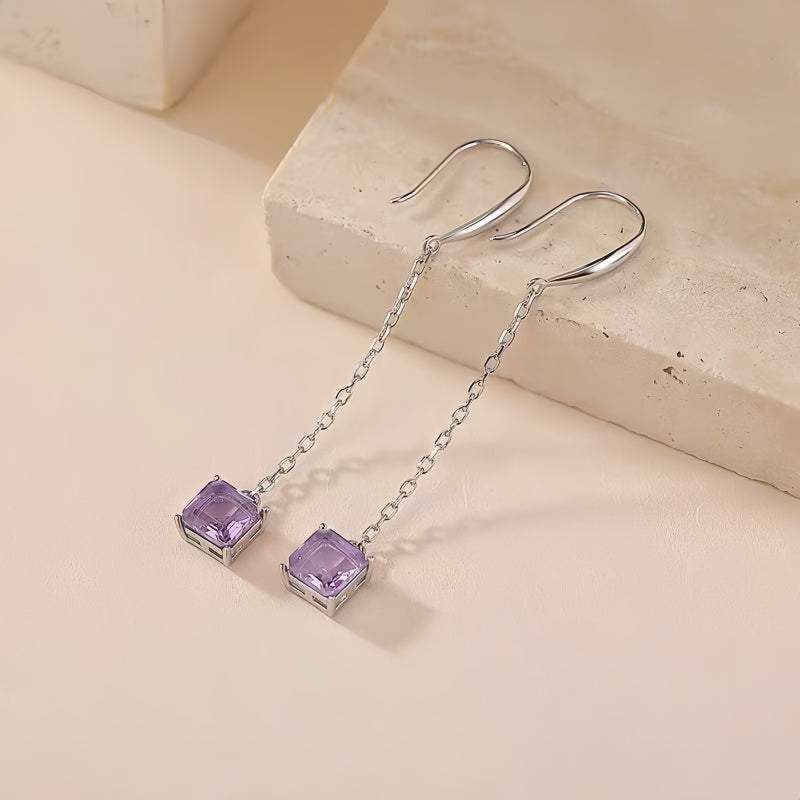 Long Chain Square Amethyst Earrings - Calm Mind, Spiritual Light
